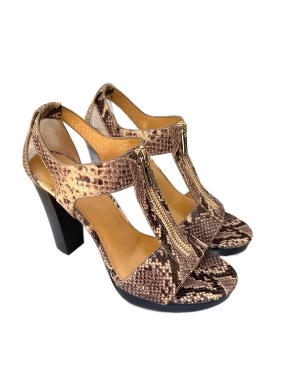 Michael Kors Brown Snake-Print Zip T-Strap Block Heels